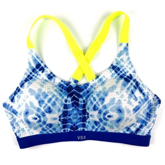💕HP!💕 VSX | Blue White Neon Yellow Mesh Tie Dye Sports Bra - Picture 4 of 11